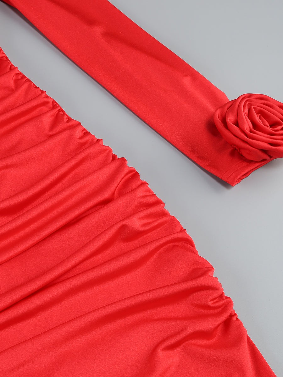 Long Sleeve Floral Bardot Maxi Dress Red