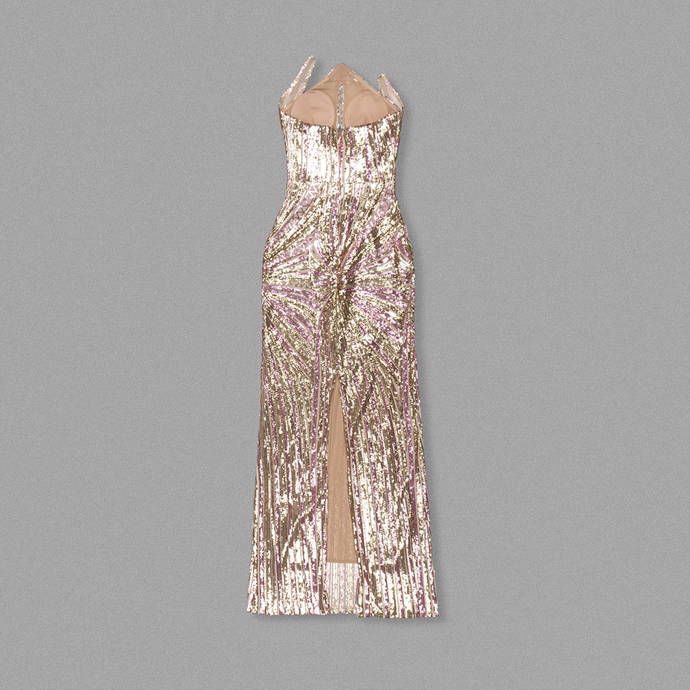 Strapless Sequin Maxi Dress Silver Gold HV1783