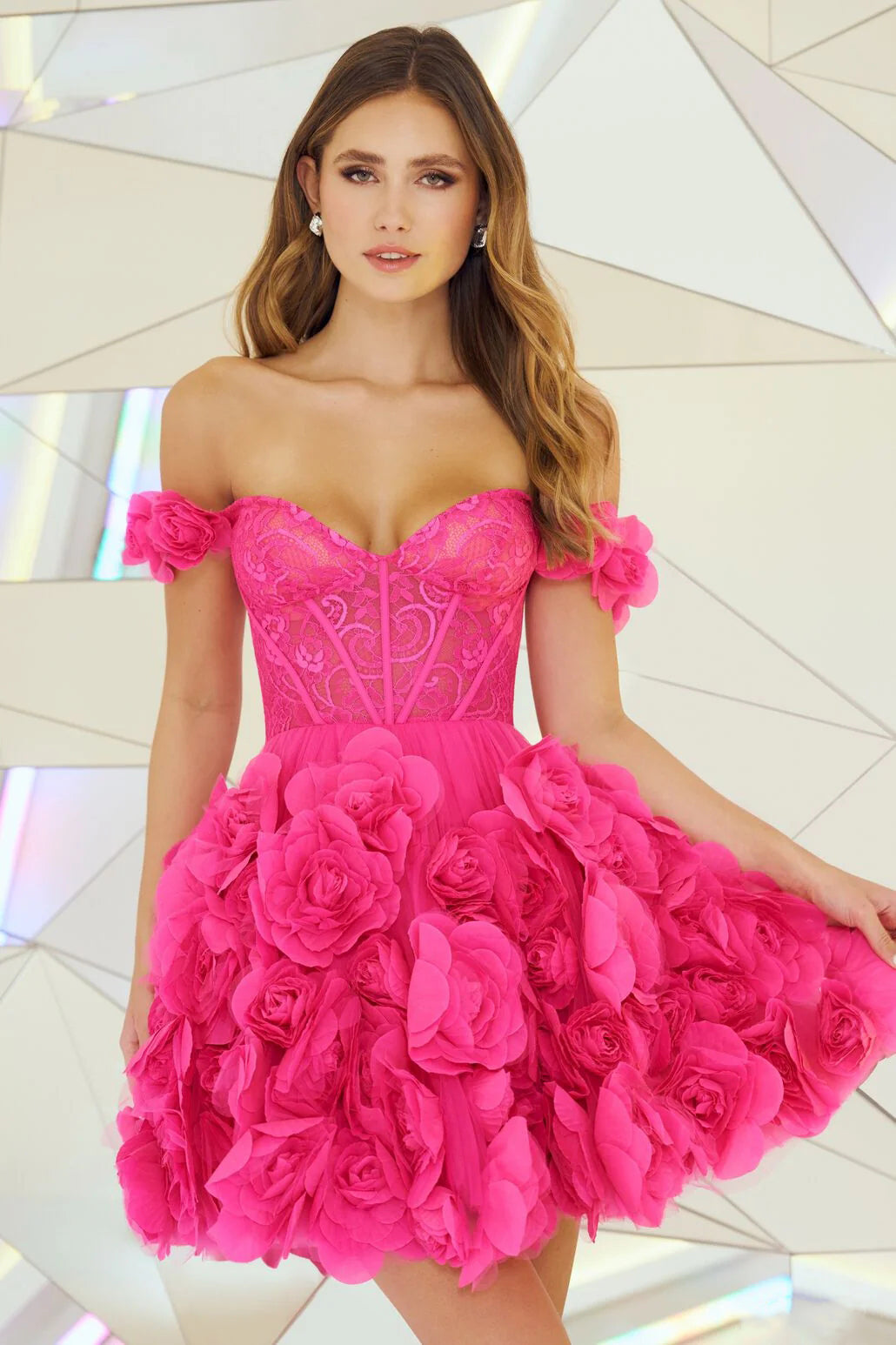 Bardot Lace Corset Floral A Line Dress Hot Pink HV1265