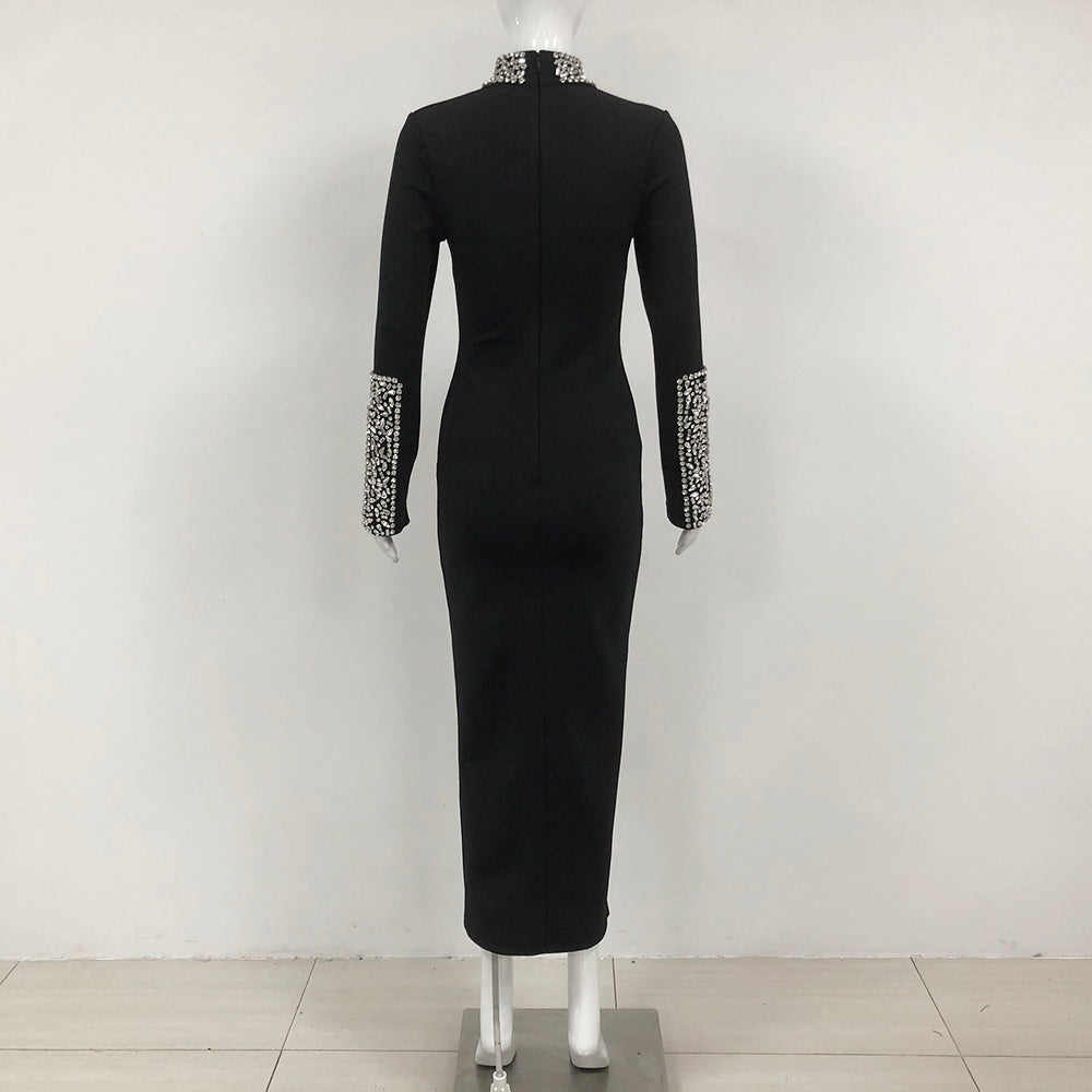 Long Sleeve Crystal Detail Midi Dress Black HV1687