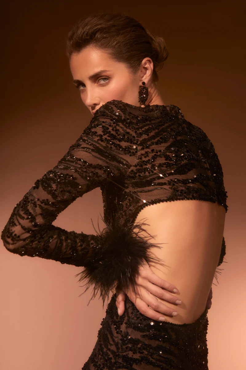 Long Sleeve Feather Sequin Jumpsuit Black HV9961