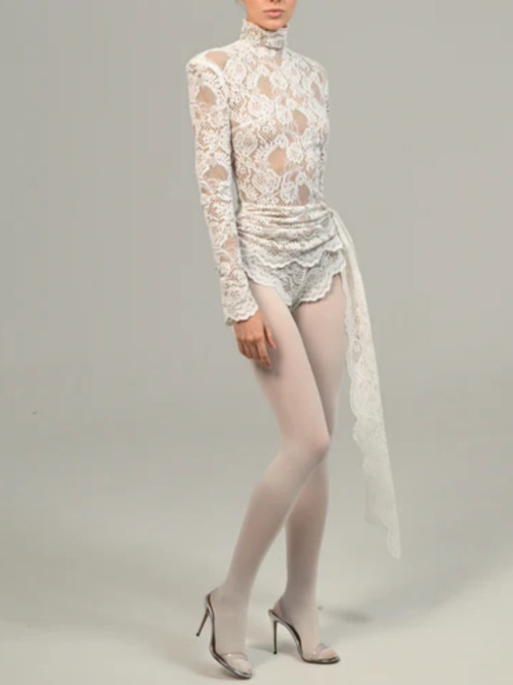 Long Sleeve Draped Lace Bodysuit White HV1546