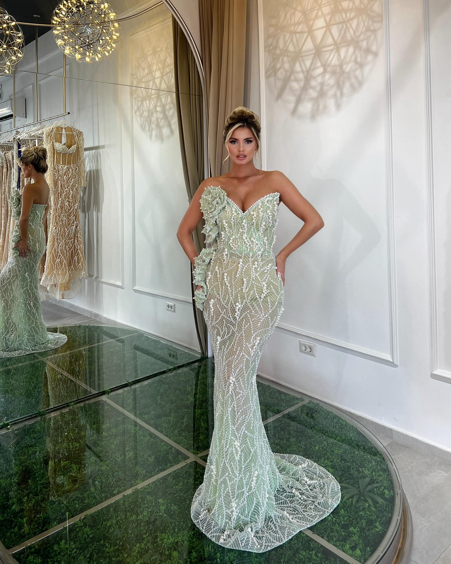 Strapless Floral Sequin Maxi Dress Green HV2227