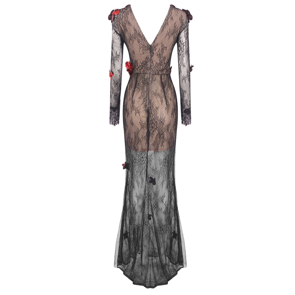 Long Sleeve Floral Detail Lace Maxi Dress Black Red HV1761