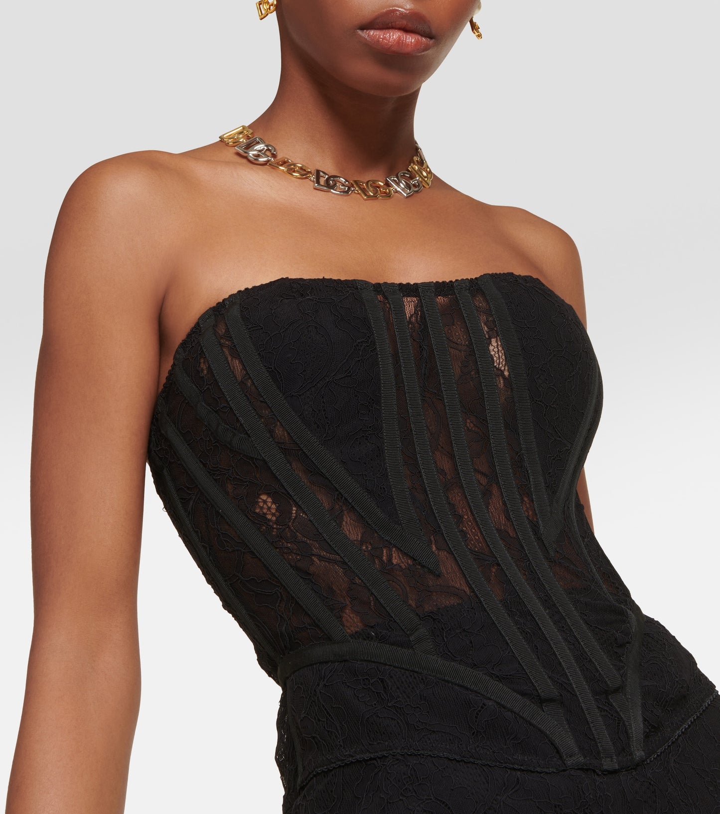 Strapless Lace Corset Two Piece Maxi Dress Black HV1056
