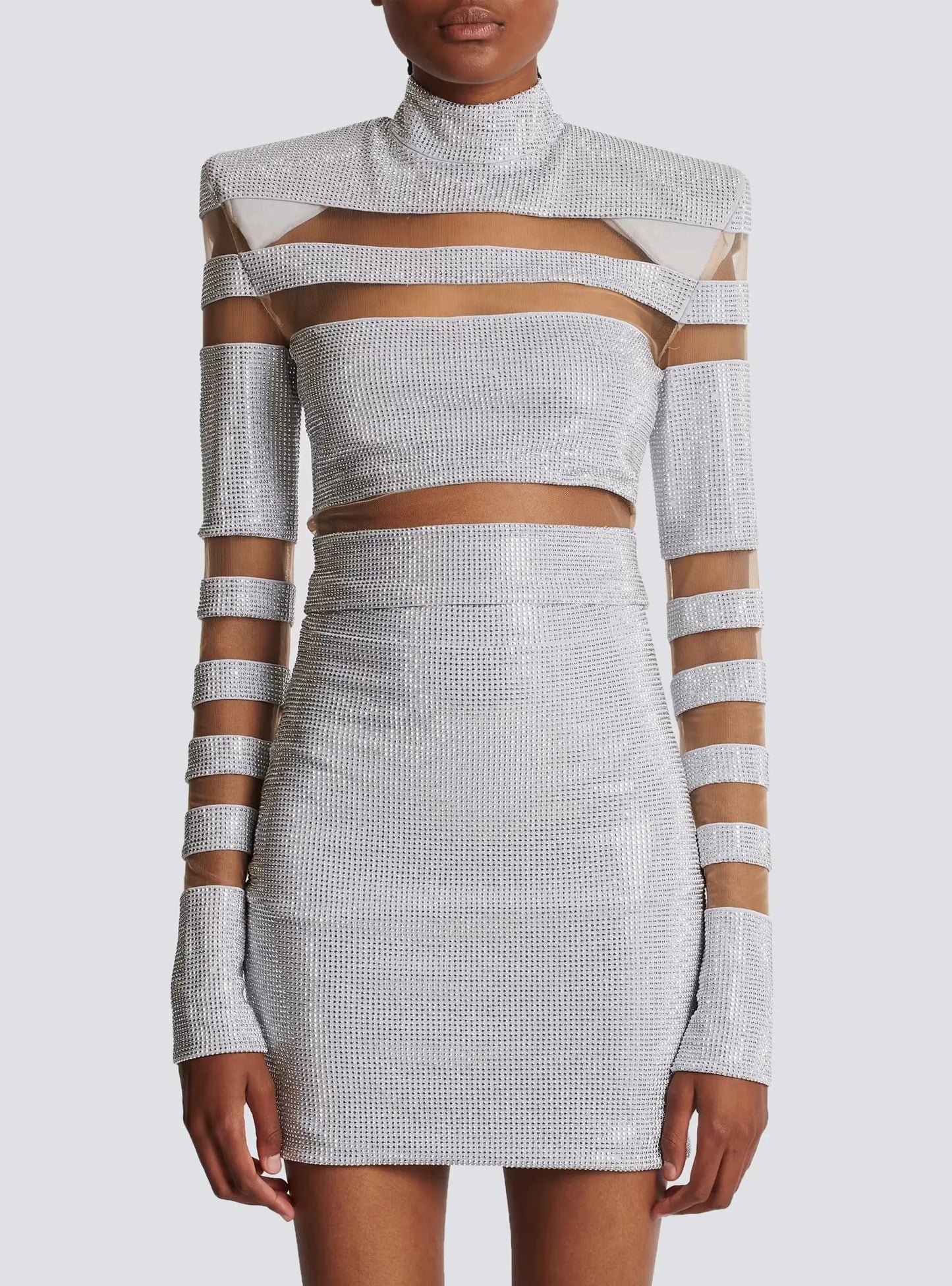 Long Sleeve Studded Mesh Two Piece Dress HV1939