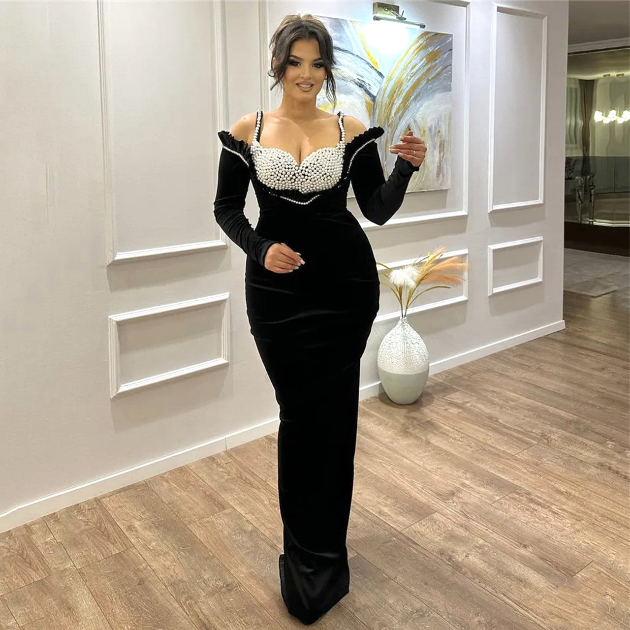 Long Sleeve Pearl Bustier Maxi Dress Black HV1671