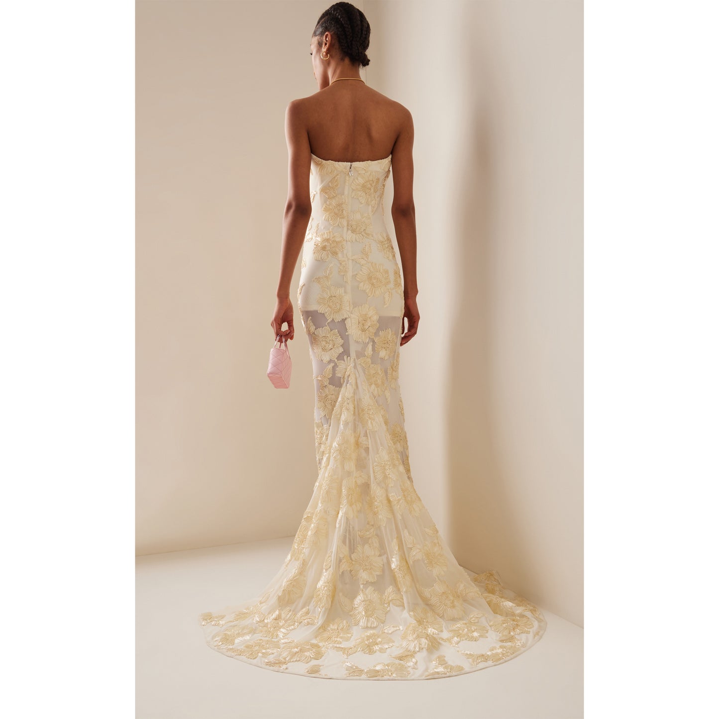 Strapless Floral Tail Maxi Dress Ivory HV1408