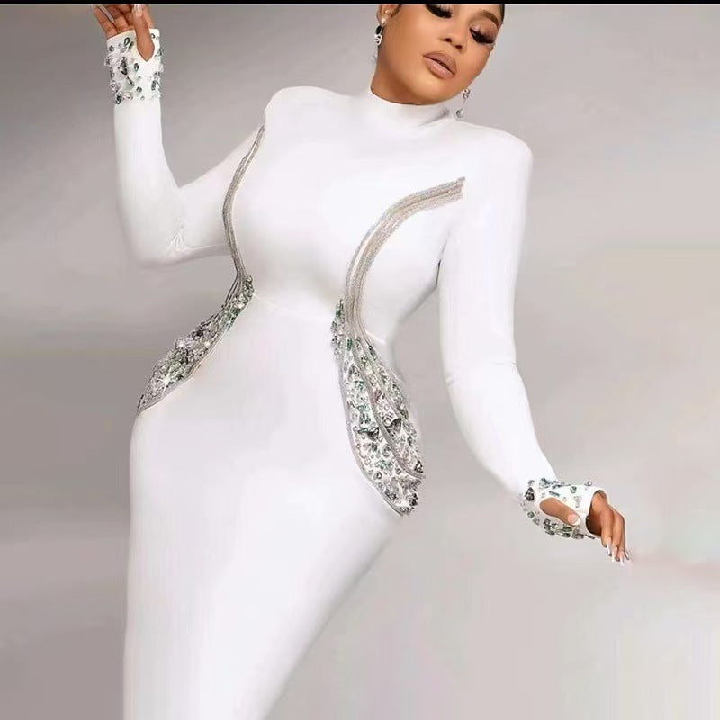 Long Sleeve Crystal Trim Maxi Dress White HV2582