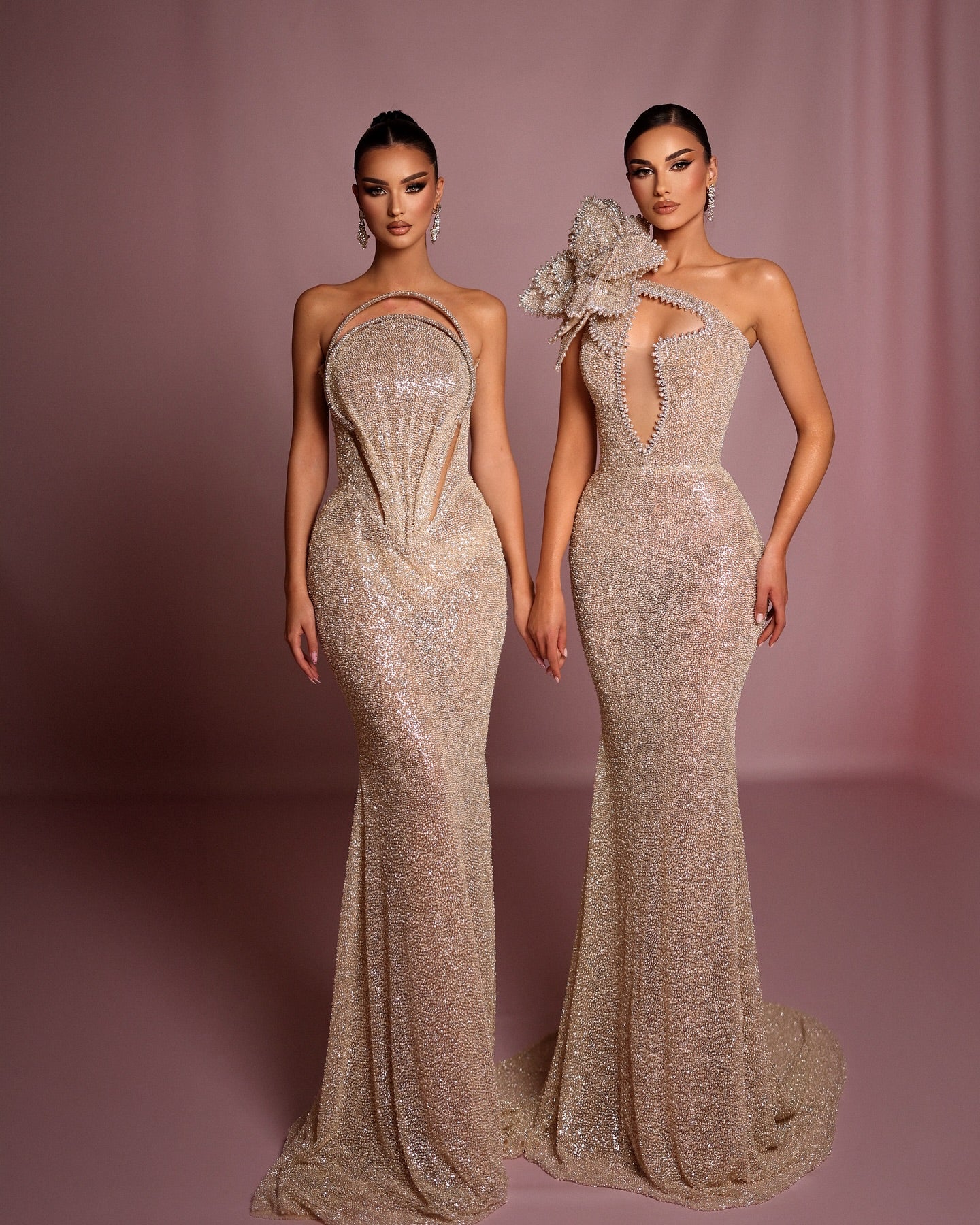 One Shoulder Pearl Sequin Maxi Dress Nude HV1782