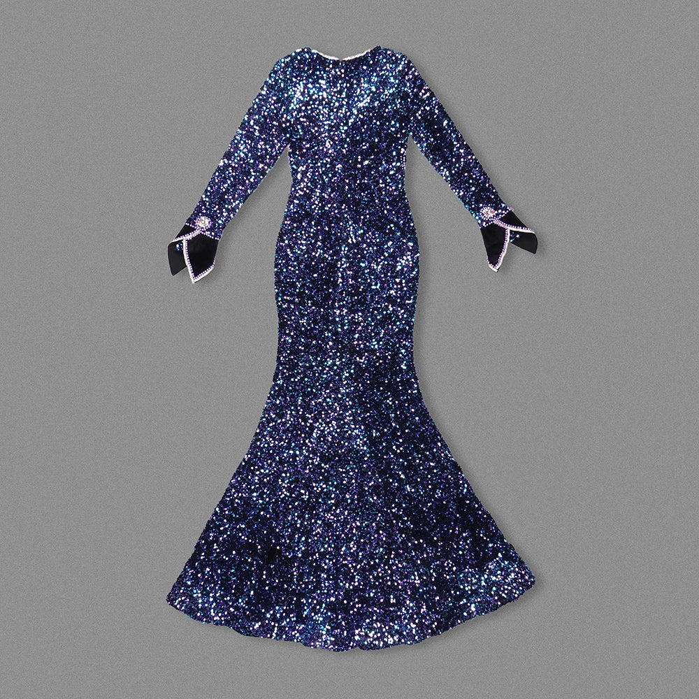 Long Sleeve Crystal Sequin Mermaid Maxi Dress Blue HV1786