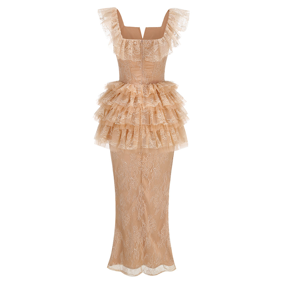 Ruffle Lace Maxi Dress Peach Nude HV3233