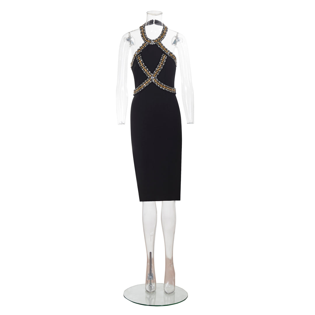 Halter Crystal Midi Dress Black BB085