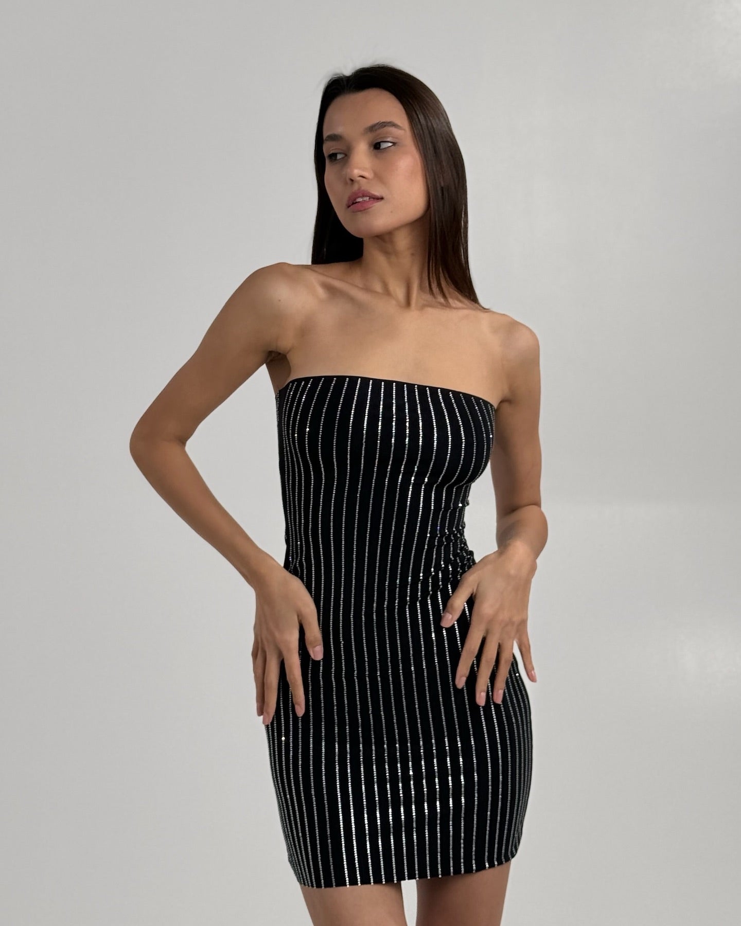 Strapless Crystal Stripes Dress Black HV1985