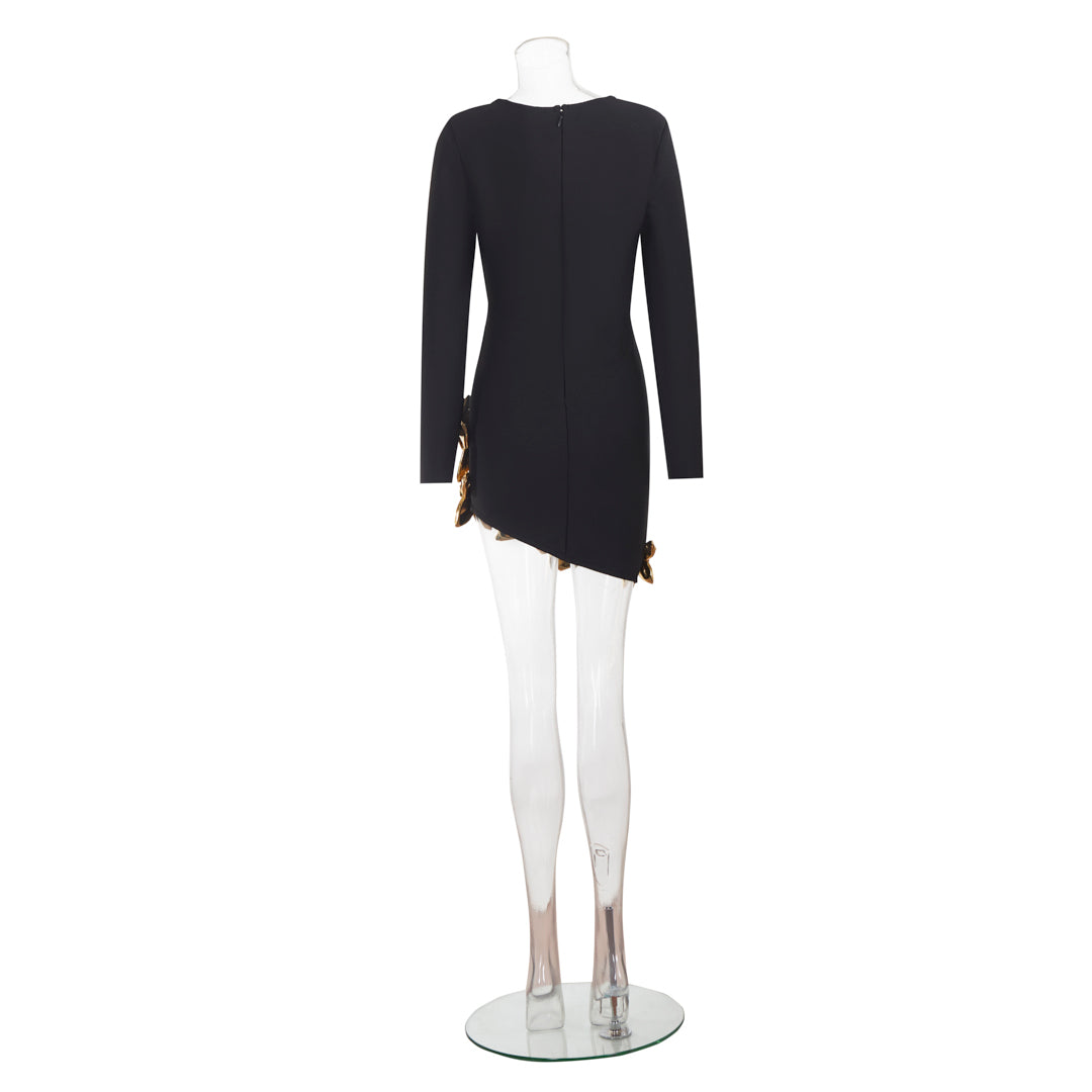 Long Sleeve Floral Hem Dress Black Gold HV2620