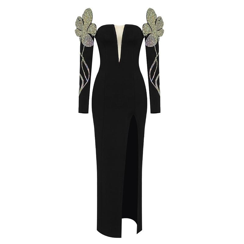Long Sleeve Flower Detail Maxi Dress Black HV8207