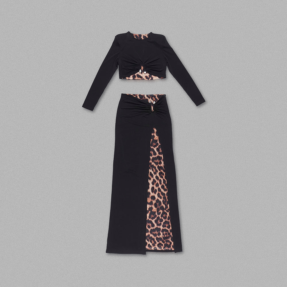 Long Sleeve Animal Print Maxi Two Piece Dress Black HV1105