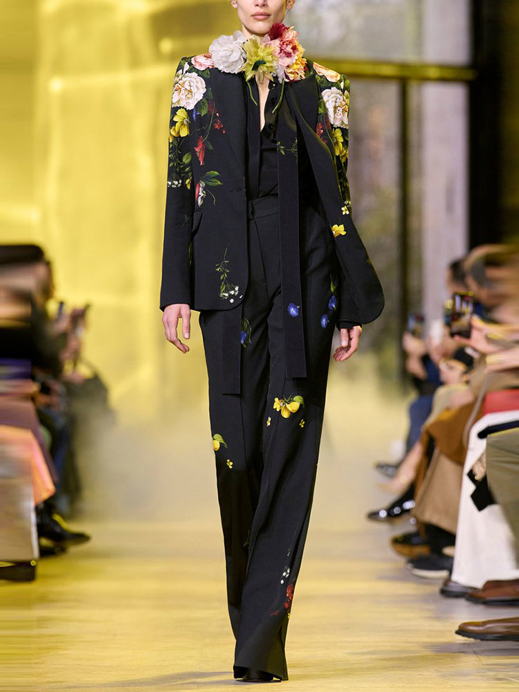 Long Sleeve Floral Design Suit Black