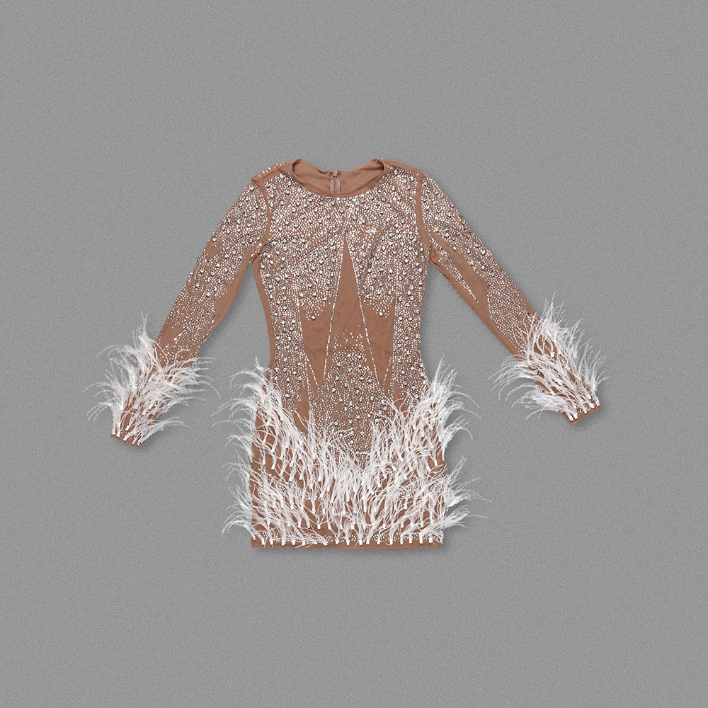 Long Sleeve Crystal Feather Dress Nude White HV1931