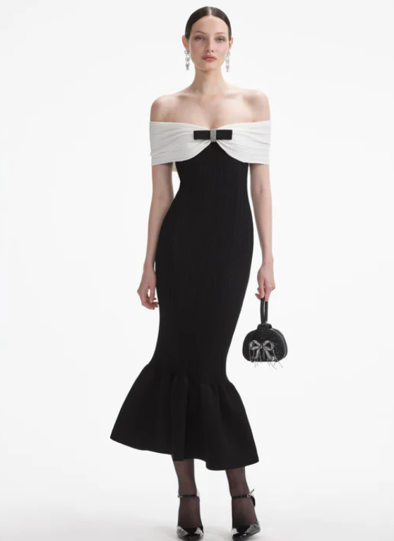 Bardot Ribbed Fluted Midi Dress Black White