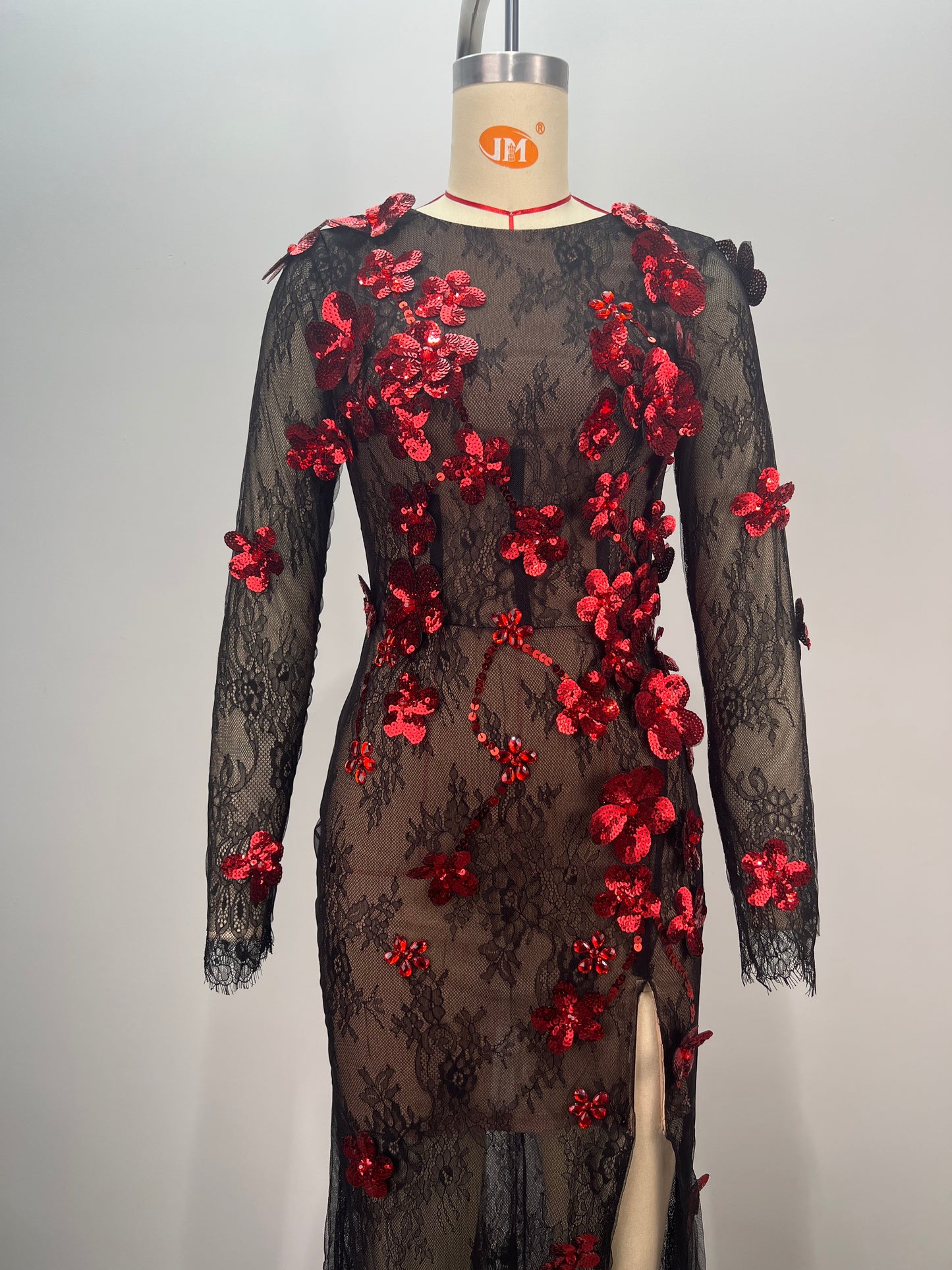 Long Sleeve Floral Detail Lace Maxi Dress Black Red HV1761