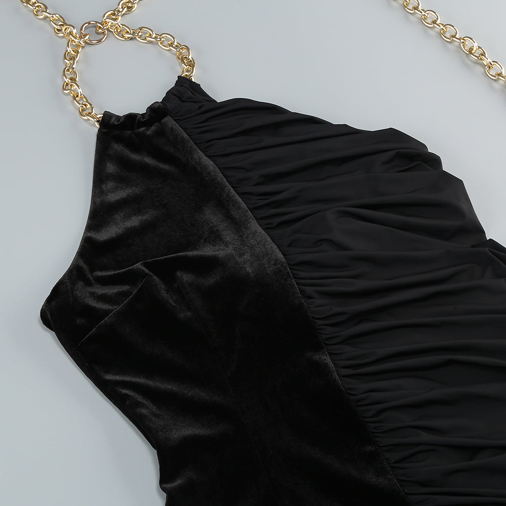 Halter Chain Detail Ruched Velvet Dress Black HV1615