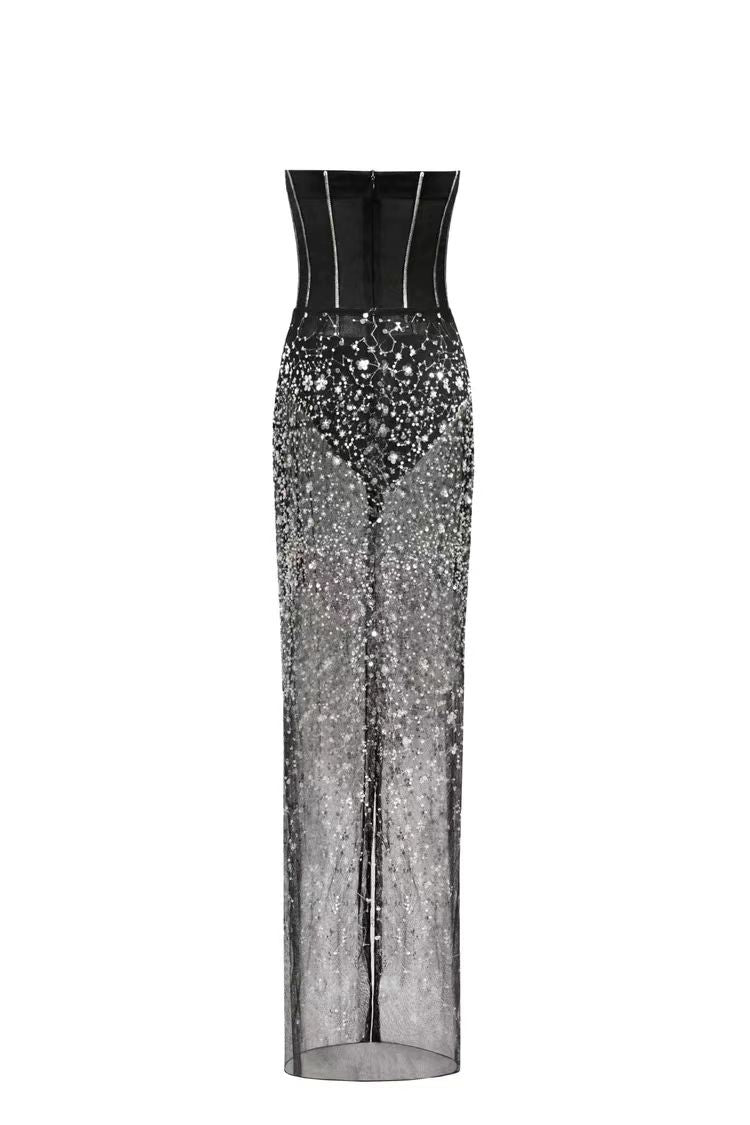 Strapless Bustier Floral Sequin Maxi Dress HV1428