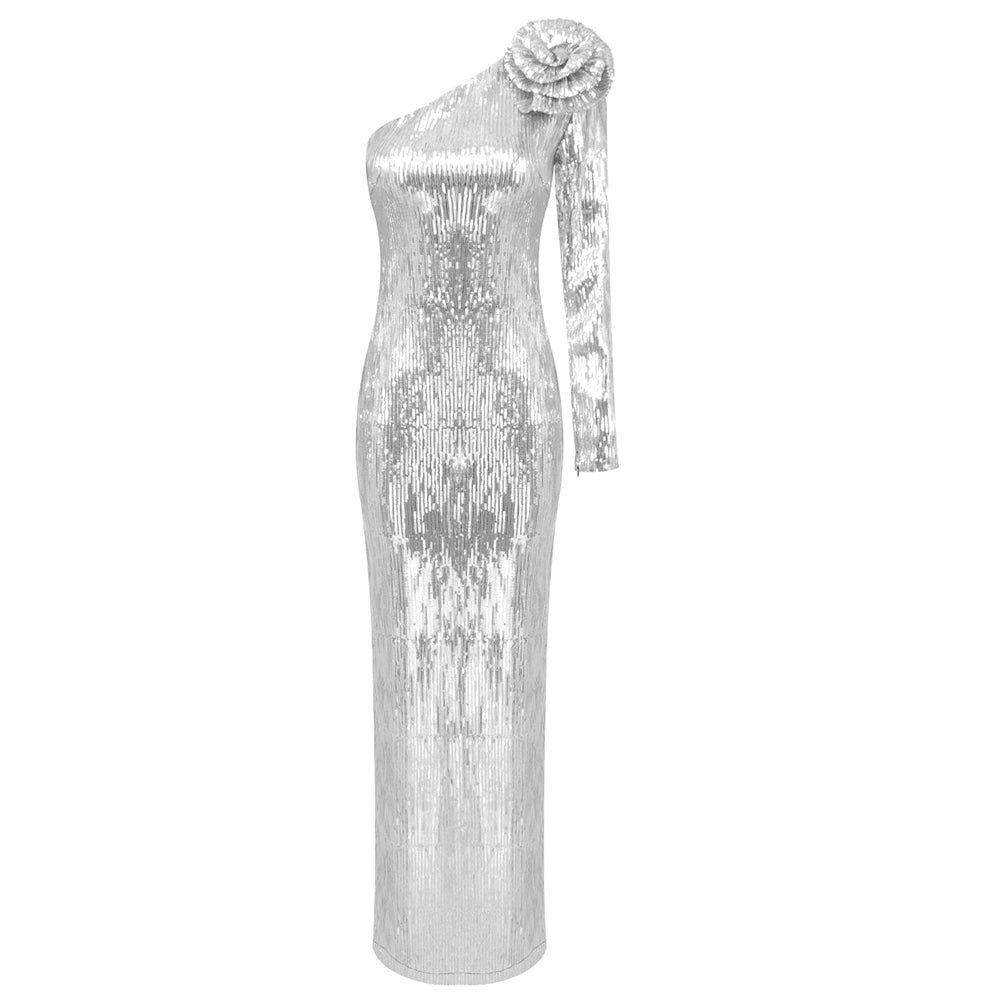 Long Sleeve Floral Sequin Maxi Dress Silver HV1084