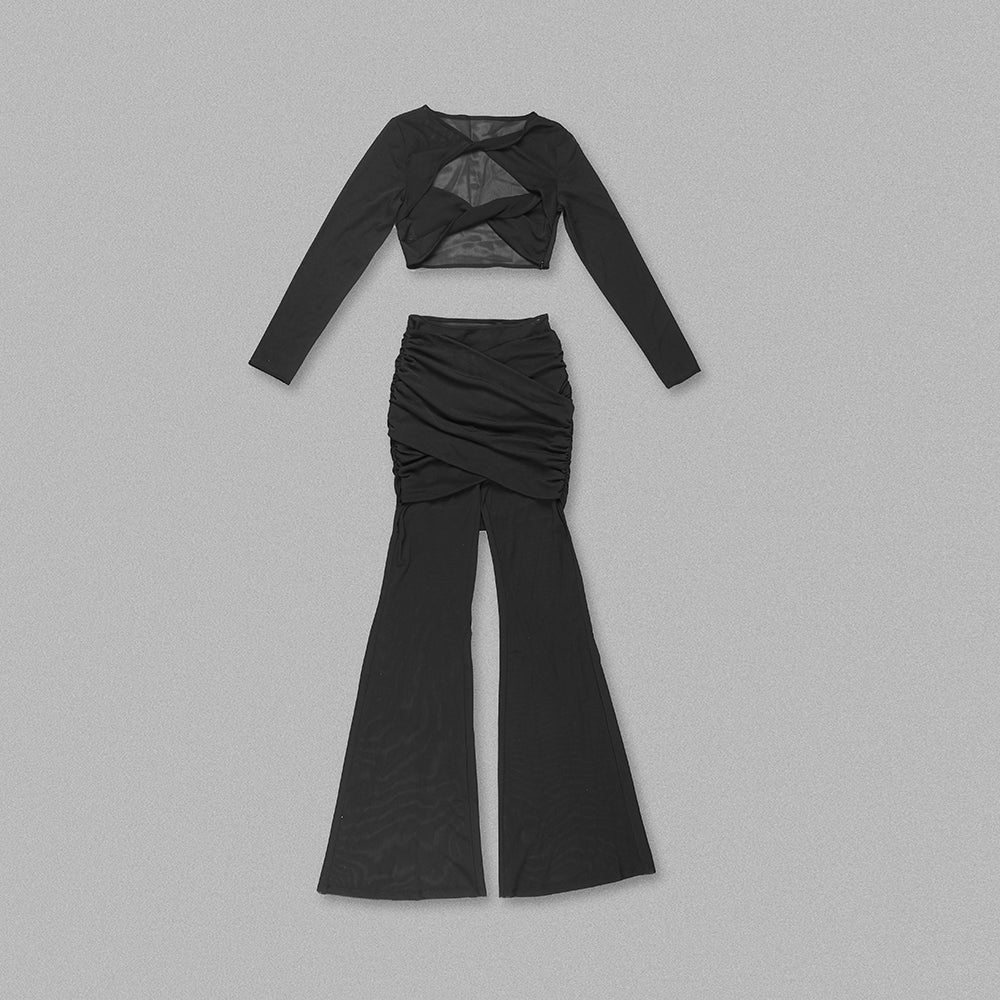 Long Sleeve Draped Two Piece Jumpsuit Nude HV1125