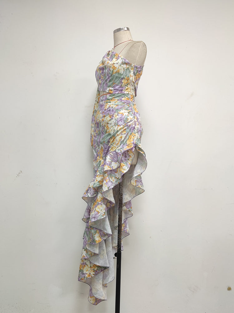 One Sleeve Floral Ruffle Maxi Dress Lavender HV8641