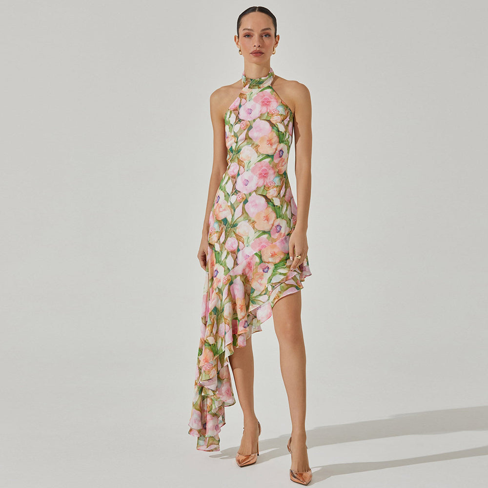 Halter Floral Ruffle Maxi Dress HV1035