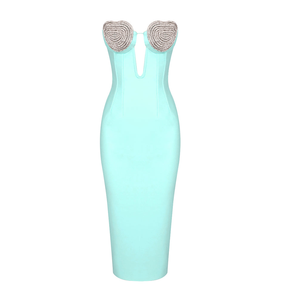 Strapless Crystal Bustier Midi Dress Green HV9616