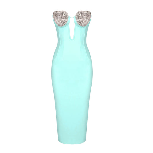 Strapless Crystal Bustier Midi Dress Green HV9616