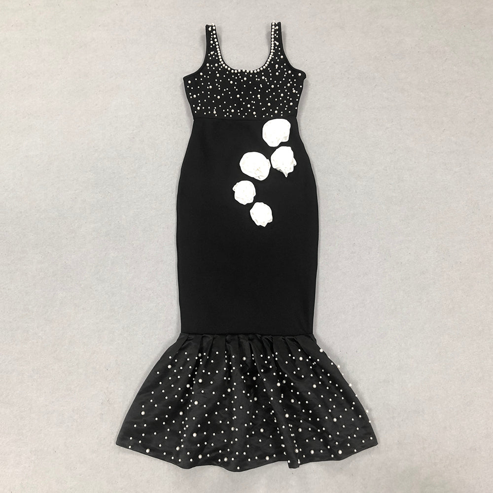 Floral Pearl Mermaid Midi Dress Black HV1598