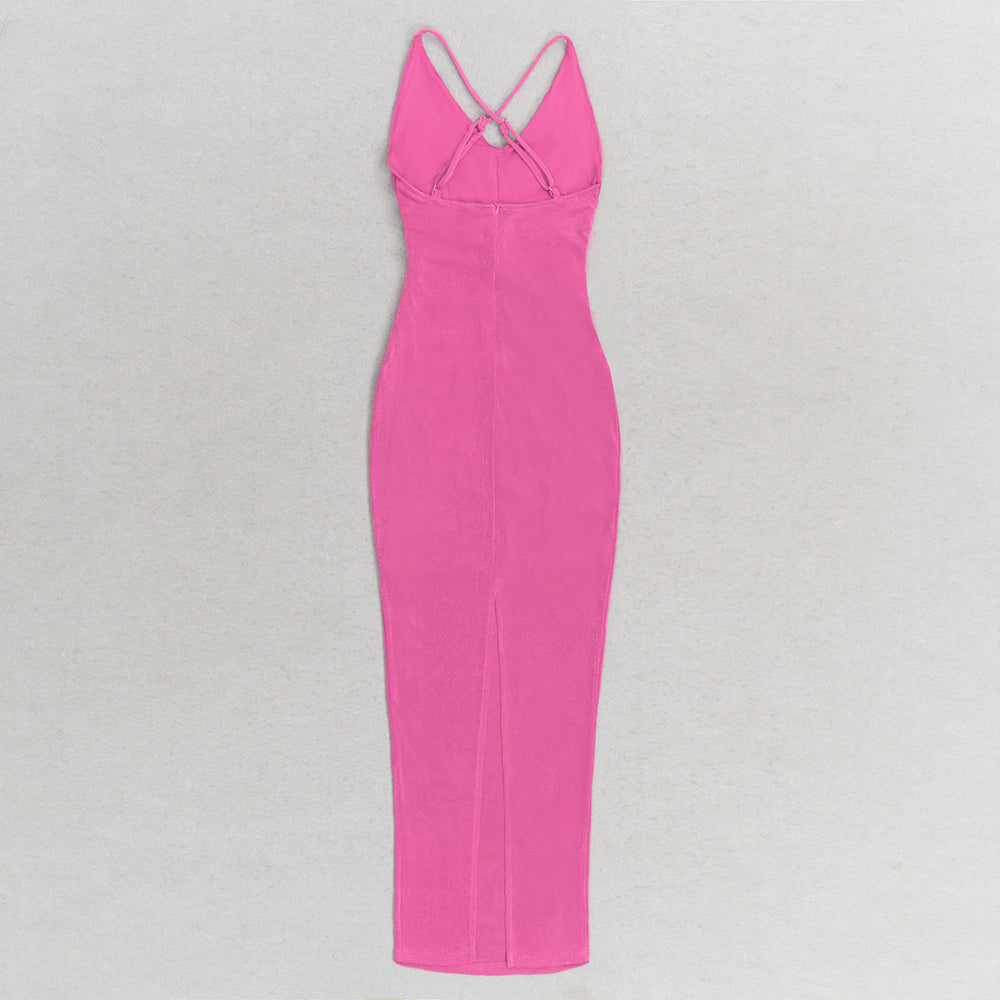 Flower Detail Ruffle Ruched Midi Dress Hot Pink HV9583