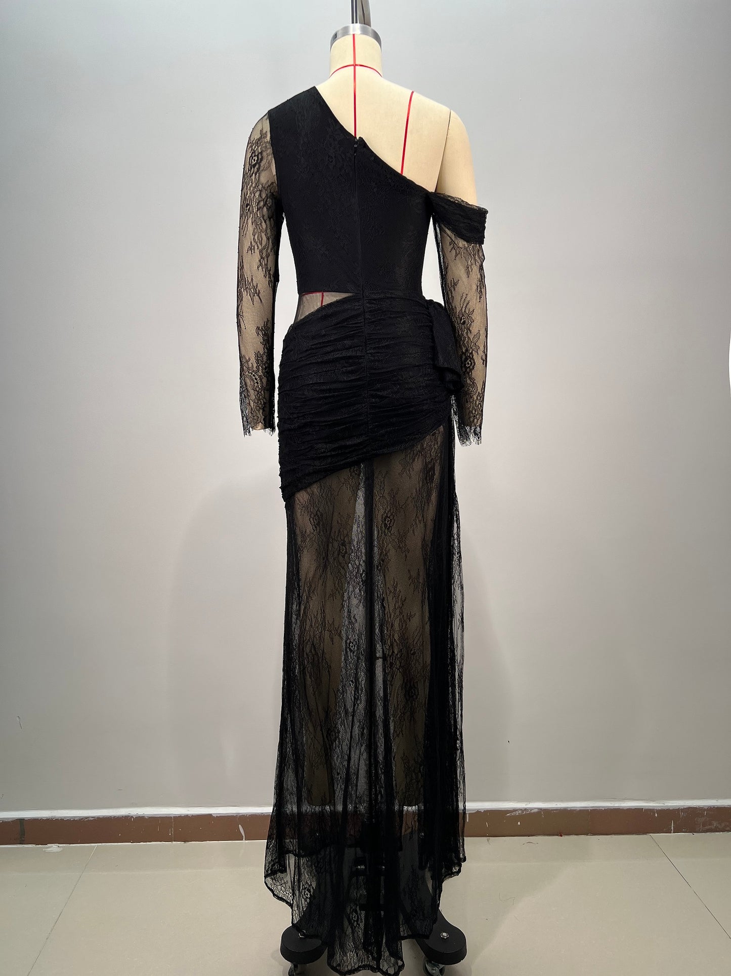 Long Sleeve Draped Lace Maxi Dress Black HV1744