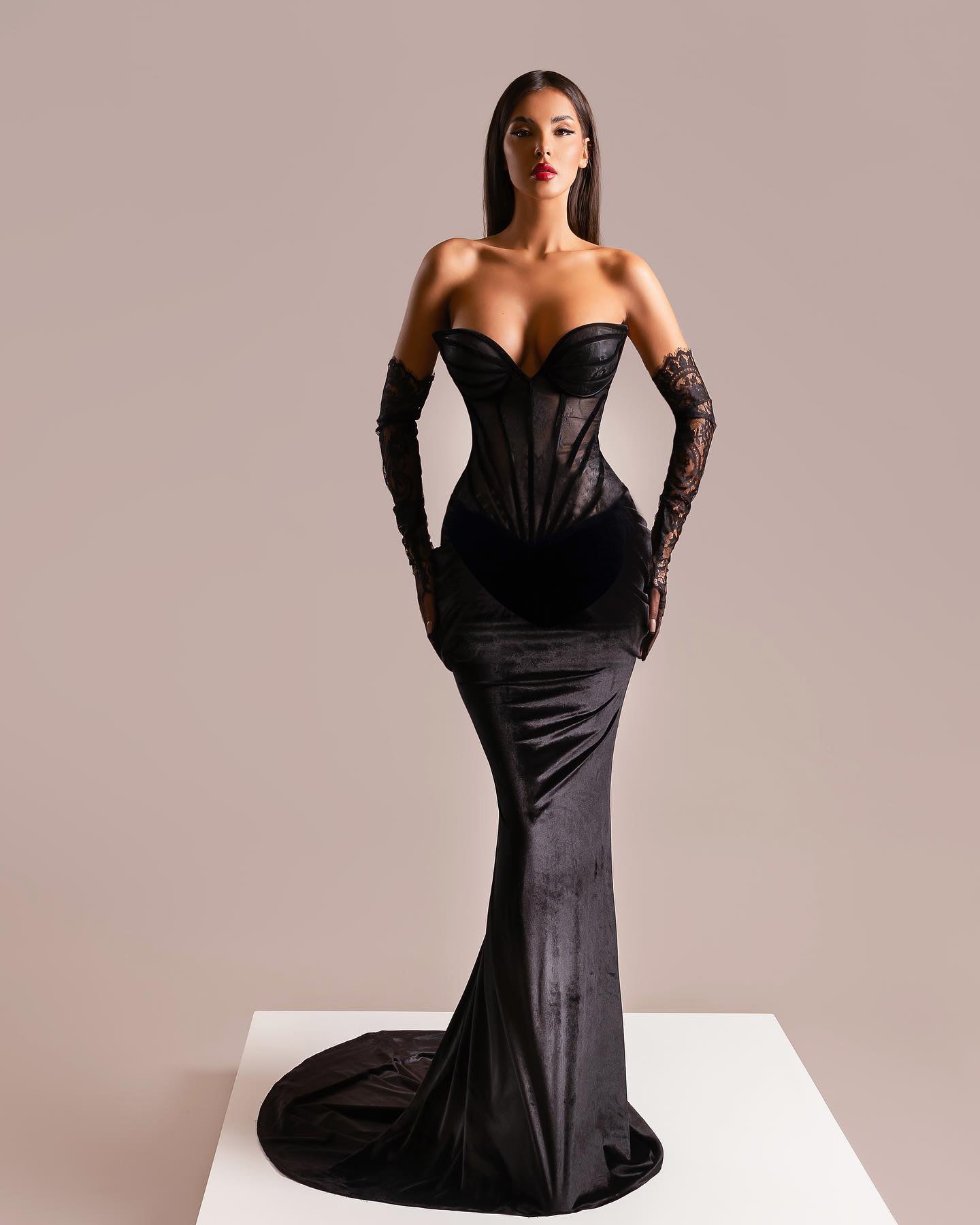Strapless Lace Corset Maxi Velvet Dress Black HV1317