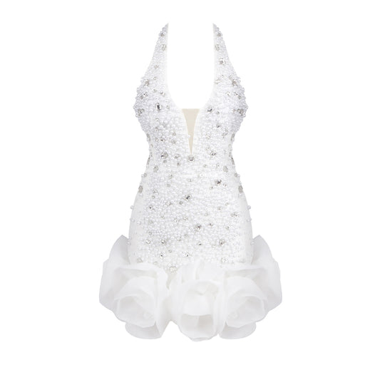 Halter Pearl Crystal Dress White HV1906