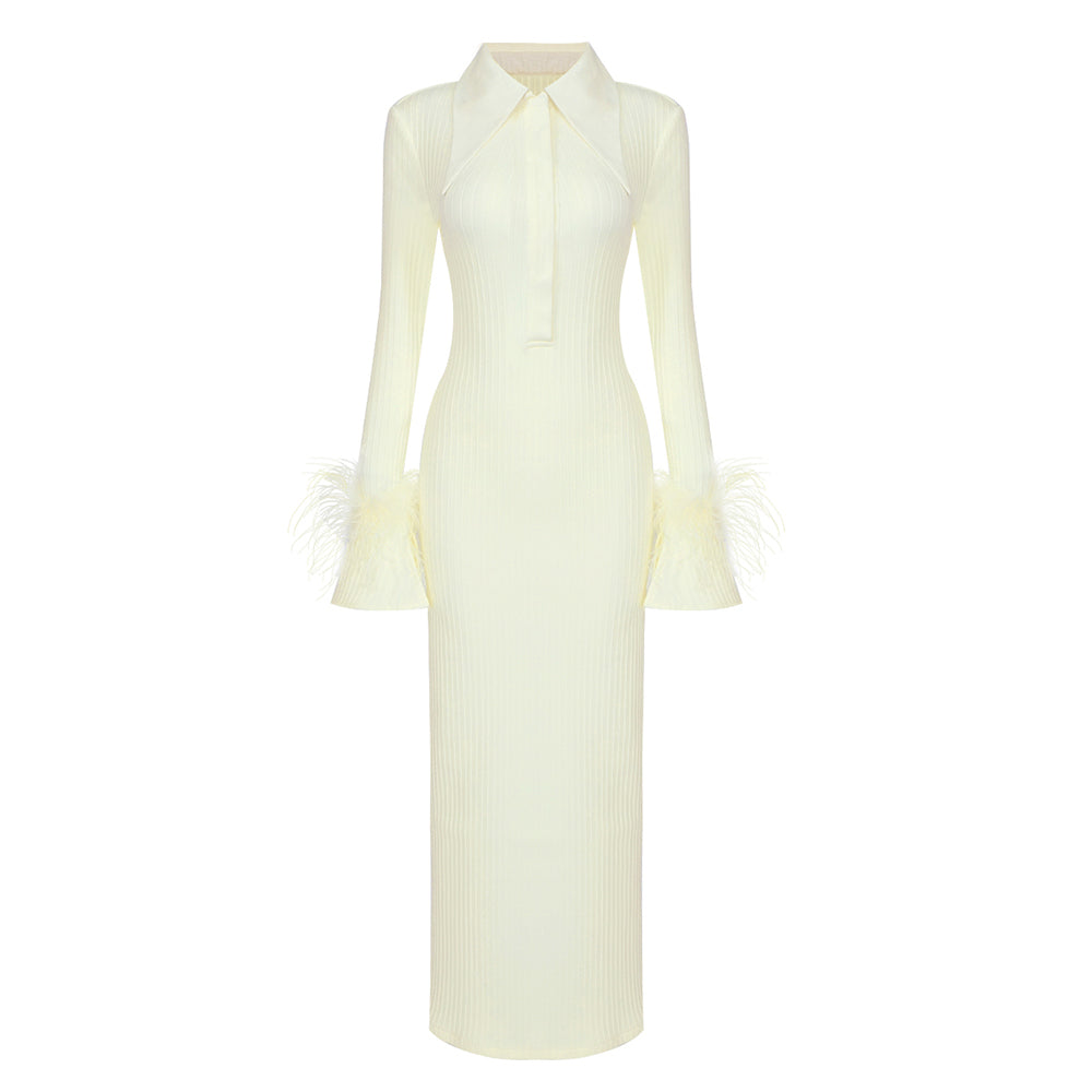 Long Sleeve Feather Ribbed Maxi Dress Ivory HV8975
