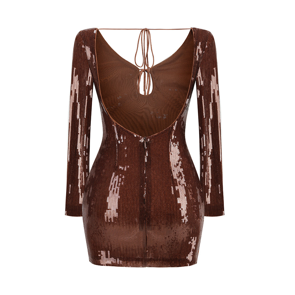 Long Sleeve Sequin Backless Dress Brown