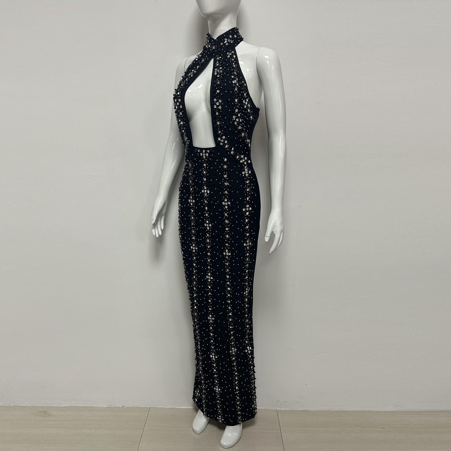 Halter Crystal Cut Out Maxi Dress HV3082