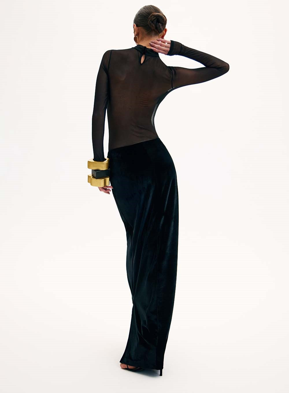 Long Sleeve Bustier Mesh Maxi Dress Black HV1537