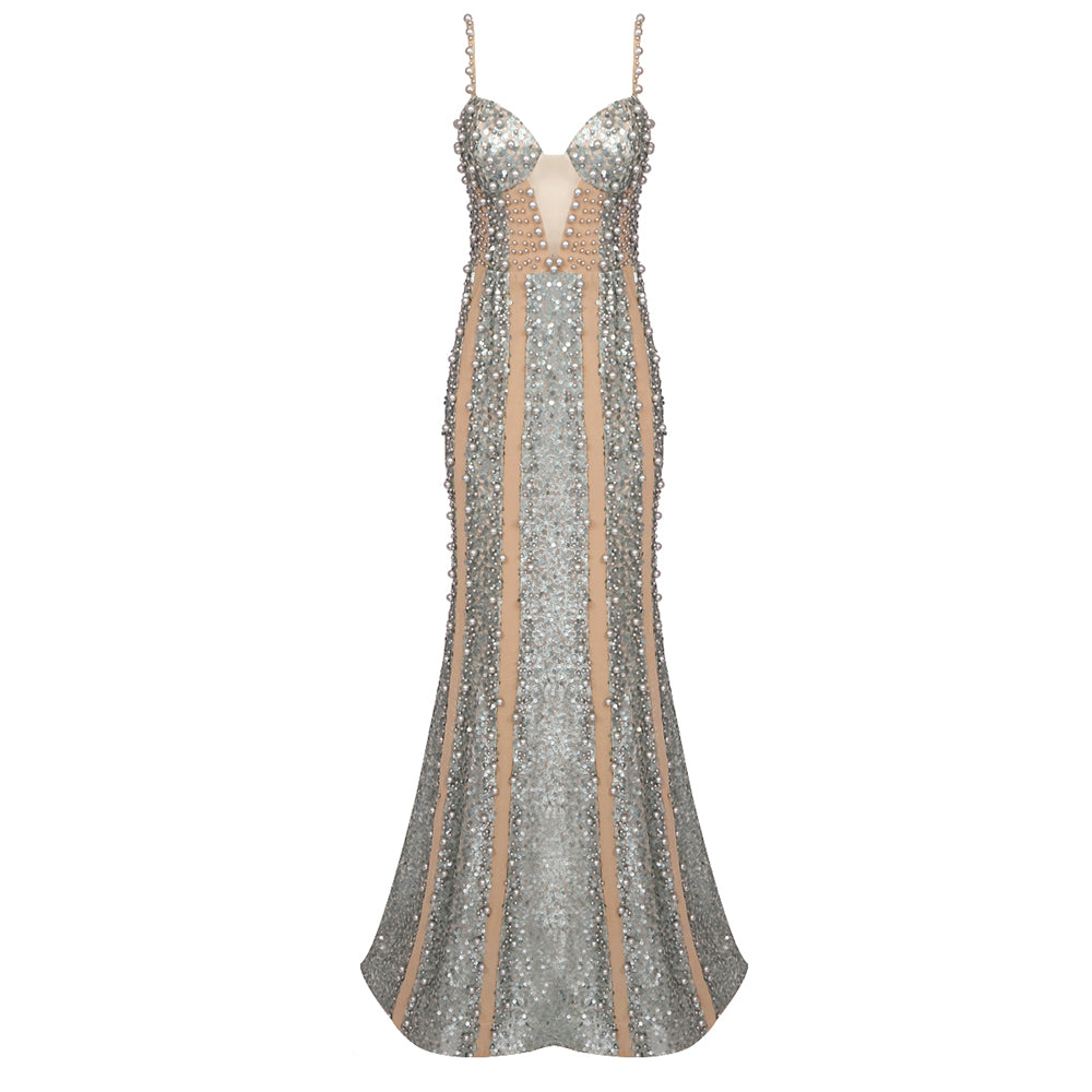 Bustier Sequin Embellished Mermaid Maxi Dress Green HV1198
