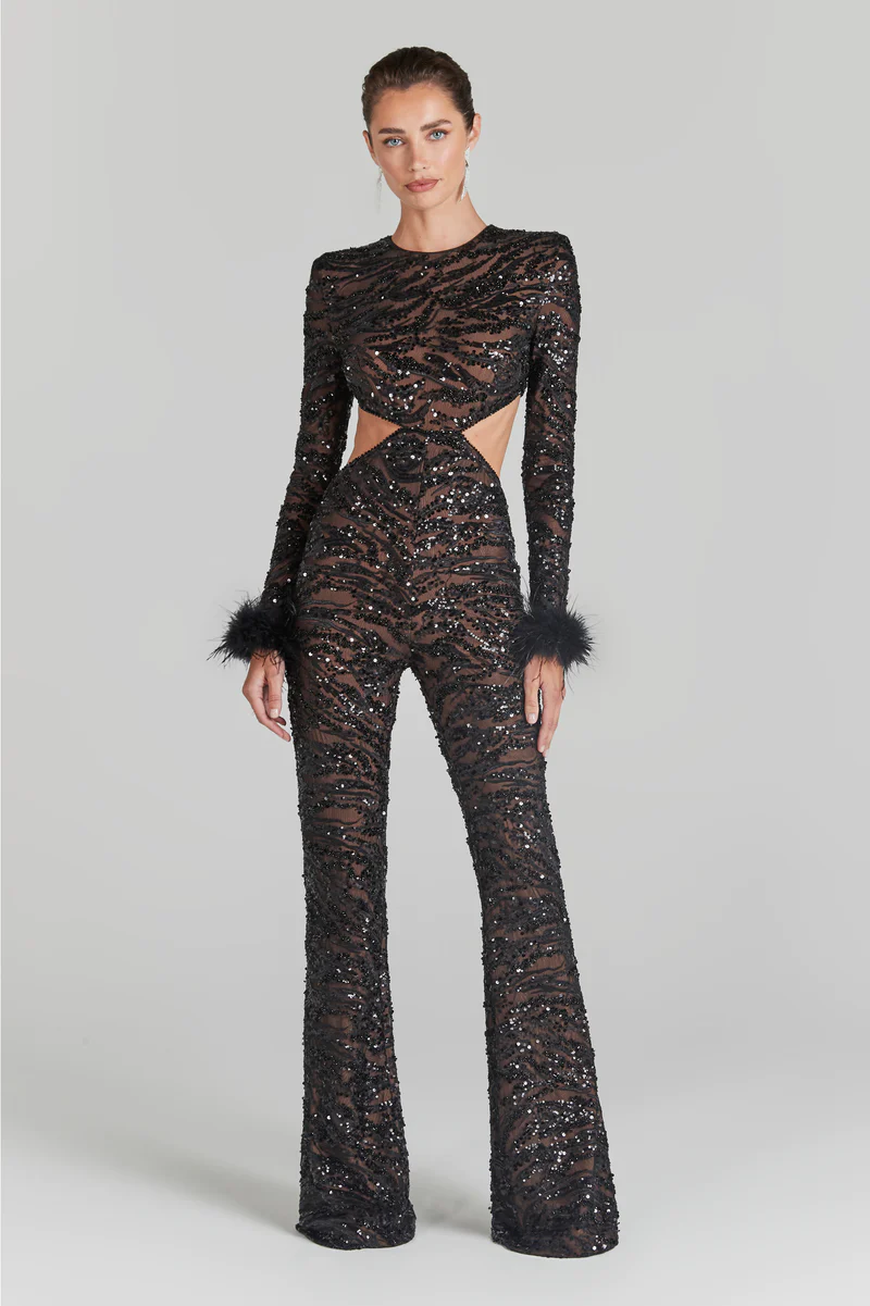 Long Sleeve Feather Sequin Jumpsuit Black HV9961