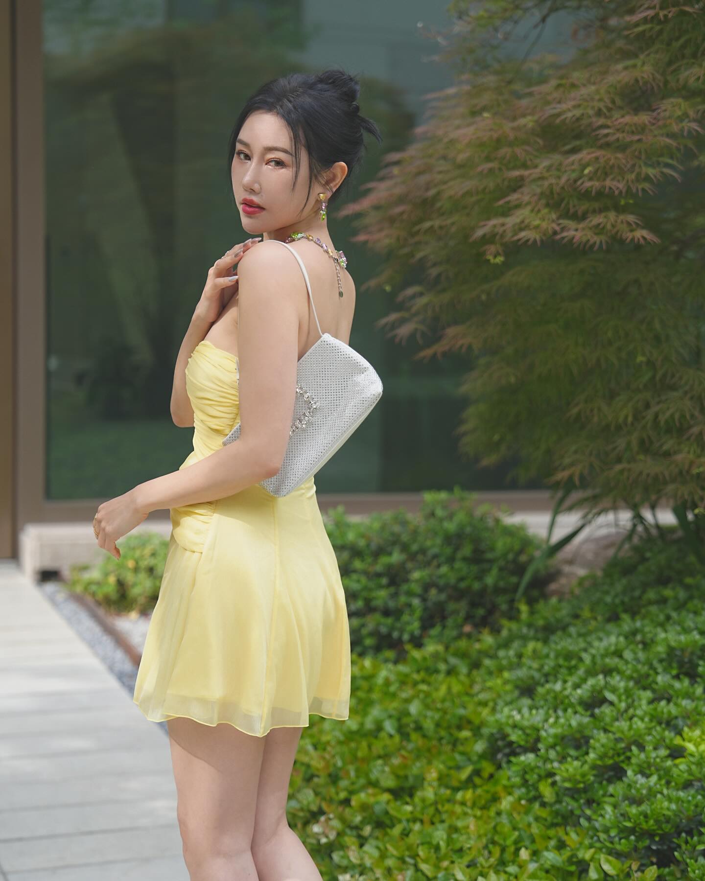 Strapless Ruched A Line Dress Yellow HV1651