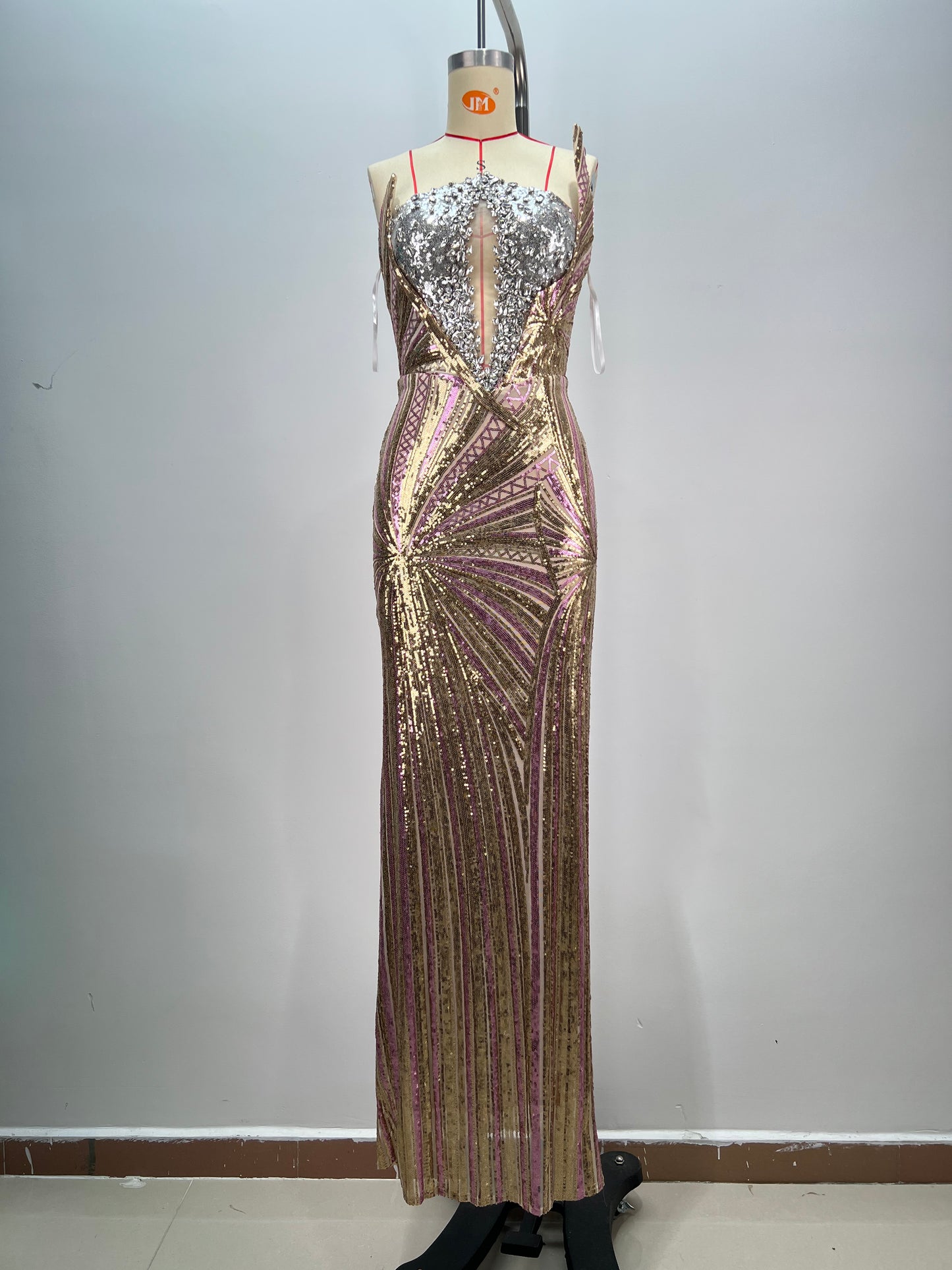 Strapless Sequin Maxi Dress Silver Gold HV1783