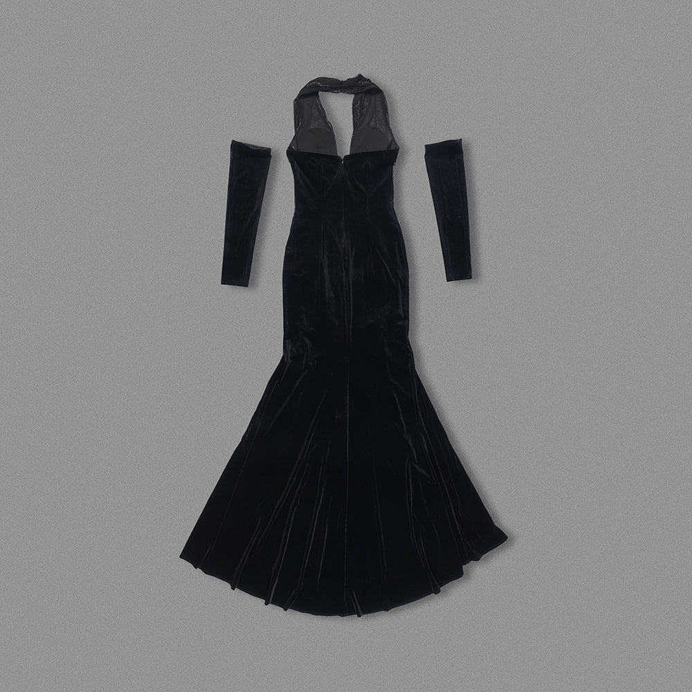 Long Sleeve Halter Lace Maxi Velvet Dress HV2048