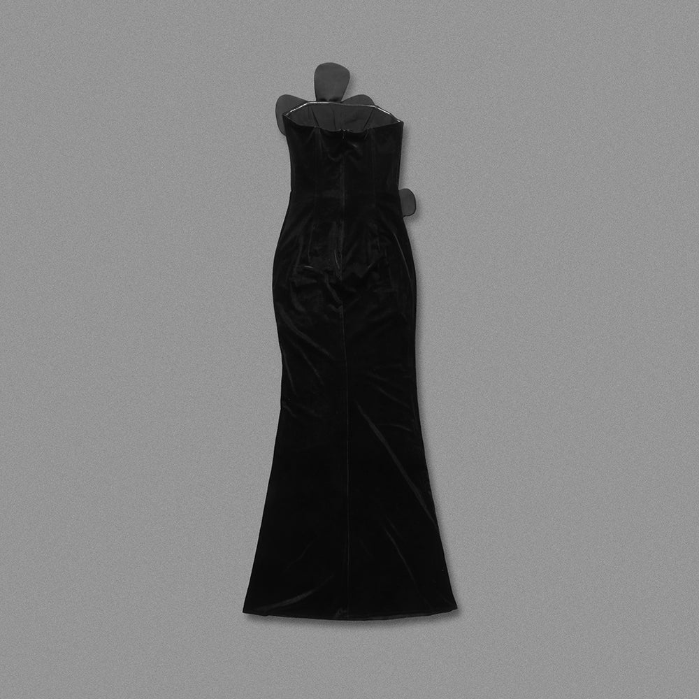 Strapless Floral Detail Maxi Velvet Dress Black HV2083
