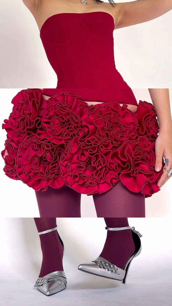 Strapless Corset Floral Ruffle Two Piece Dress Red HV1645