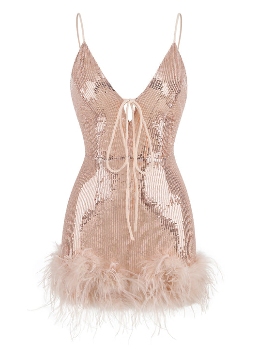 Feather Detail Sequin Dress Pink